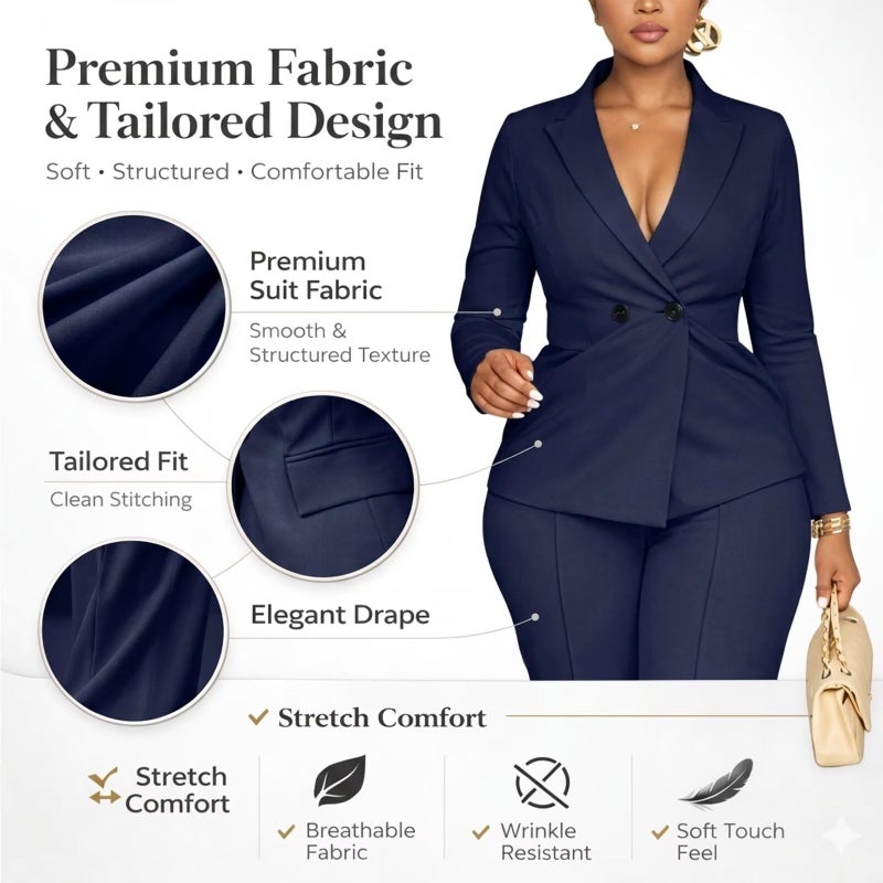 Kafiloe Women Double Breasted Blazer Pants Suit 2 Piece Outfits Casual Long Sleeve Blazer Set for Work Business Navy Blue 2XL - Image 3