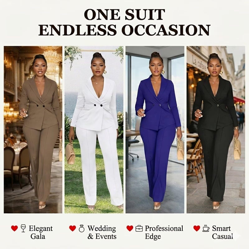 Kafiloe Women Double Breasted Blazer Pants Suit 2 Piece Outfits Casual Long Sleeve Blazer Set for Work Business Navy Blue 2XL - Image 2