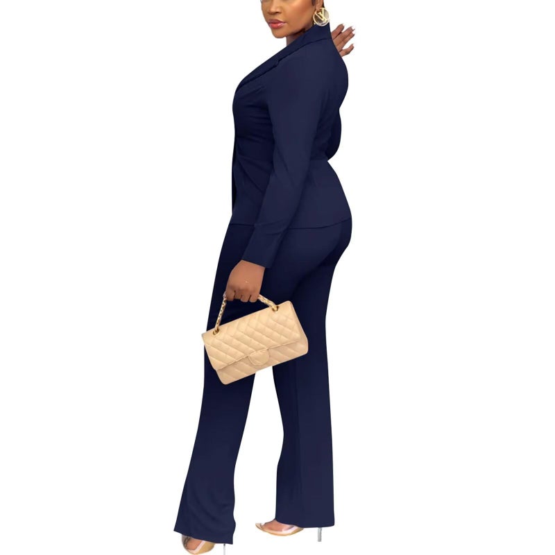 Kafiloe Women Double Breasted Blazer Pants Suit 2 Piece Outfits Casual Long Sleeve Blazer Set for Work Business Navy Blue 2XL - Image 5