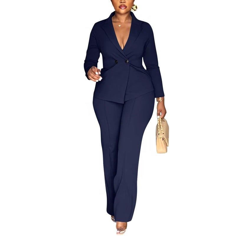 Kafiloe Women Double Breasted Blazer Pants Suit 2 Piece Outfits Casual Long Sleeve Blazer Set for Work Business Navy Blue 2XL - Image 1
