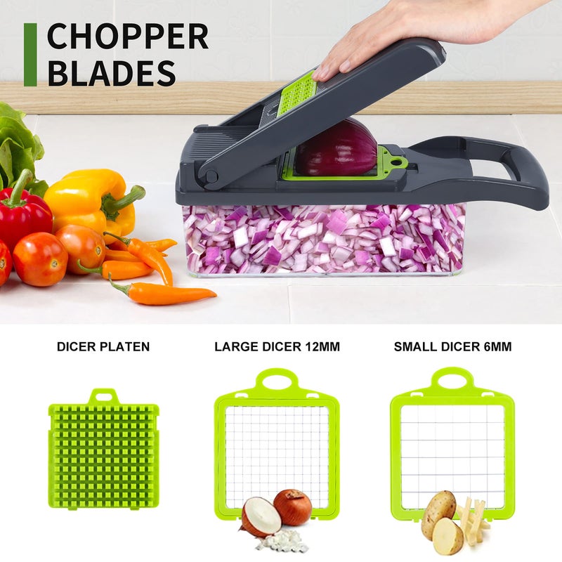 RAIQEE Vegetable Chopper Mandoline Slicer,Veggie Chopper, Multifunctional 10 in 1 Food Choppers, Kitchen Vegetable Slicer Dicer Cutter,Onion Mincer,Cheese,Colander Basket,Kitchen Gadgets (Gray/Green) (Grey) - Image 3