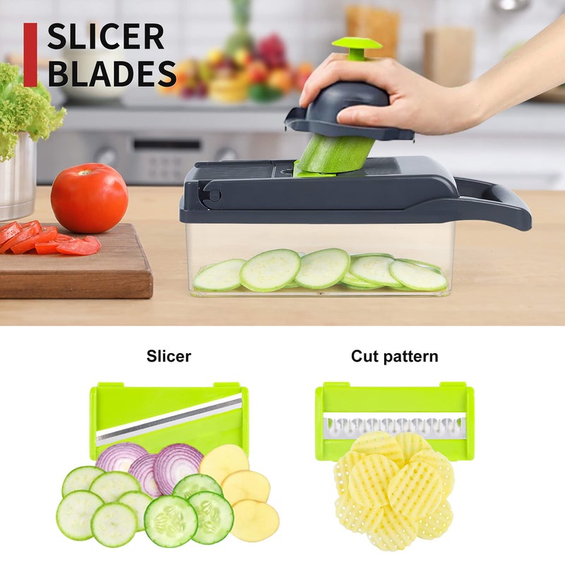 RAIQEE Vegetable Chopper Mandoline Slicer,Veggie Chopper, Multifunctional 10 in 1 Food Choppers, Kitchen Vegetable Slicer Dicer Cutter,Onion Mincer,Cheese,Colander Basket,Kitchen Gadgets (Gray/Green) (Grey) - Image 5