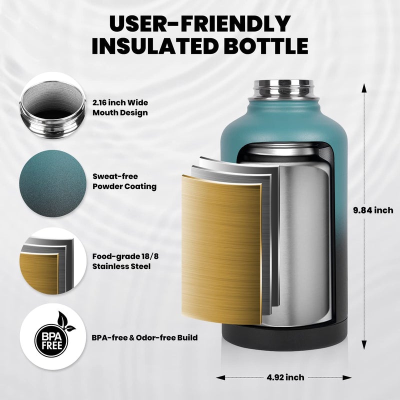 RAYMYLO Insulated Water Bottle 64 oz, Triple Wall Vacuum Stainless Steel (Cold for 48 Hrs), Leak Proof & Non-BPA, Half Gallon Water Flask Jug with Paracord Handle & Straw Spout Lids - Image 5