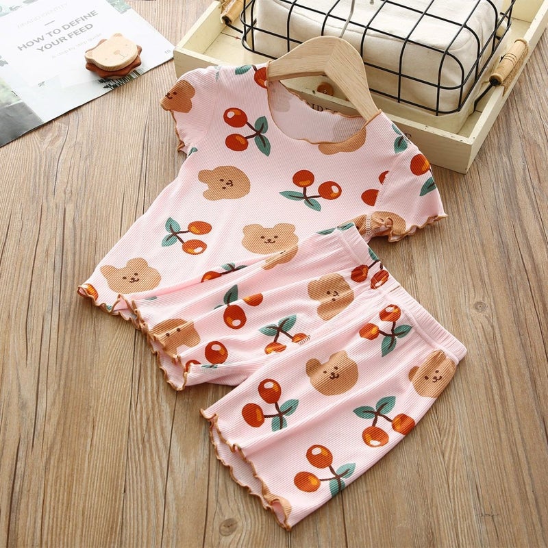 2024 childrens new pajamas girls short sleeve pants summer thin girls baby fashion home clothes suit 046# [Pink suit]] 