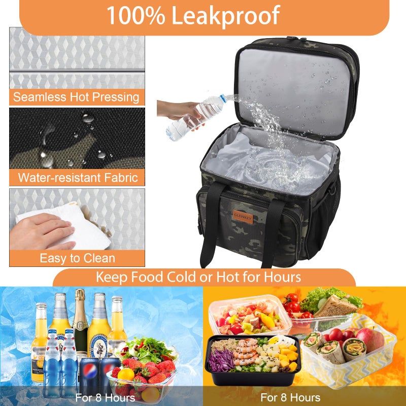 GLENKEY Expandable Large Insulated Lunch Box, Heavy Duty Lunch Cooler Bag Durable Leakproof Lunch Pail for Men Women Adults Work Shift Outdoor Picnic Camping Road Trip, 24 Can, Black-Camo, GLENKEY - Image 5