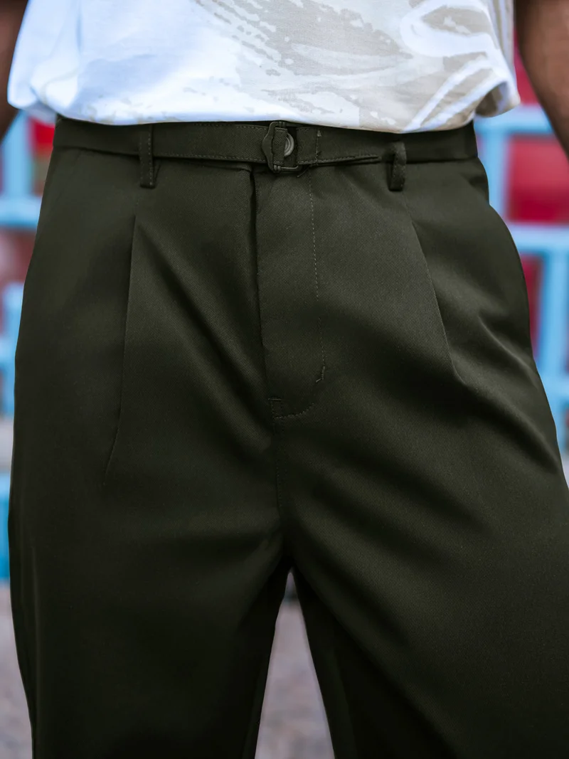 مانياك بنطلون رجالي قطن مخلوط بحزام لون أخضر سادة