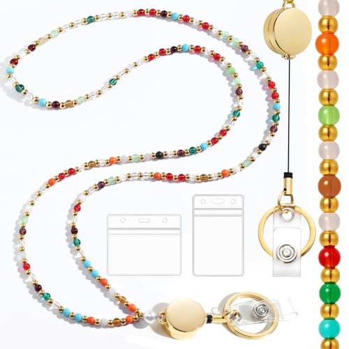 Toykee Lanyards with ID Badges Holder for Teachers Keys - Colorful Beaded Card Holders for Women Necklace Breakaway Lanyard with Holder for Name Tag Cruise Ship - Image 1
