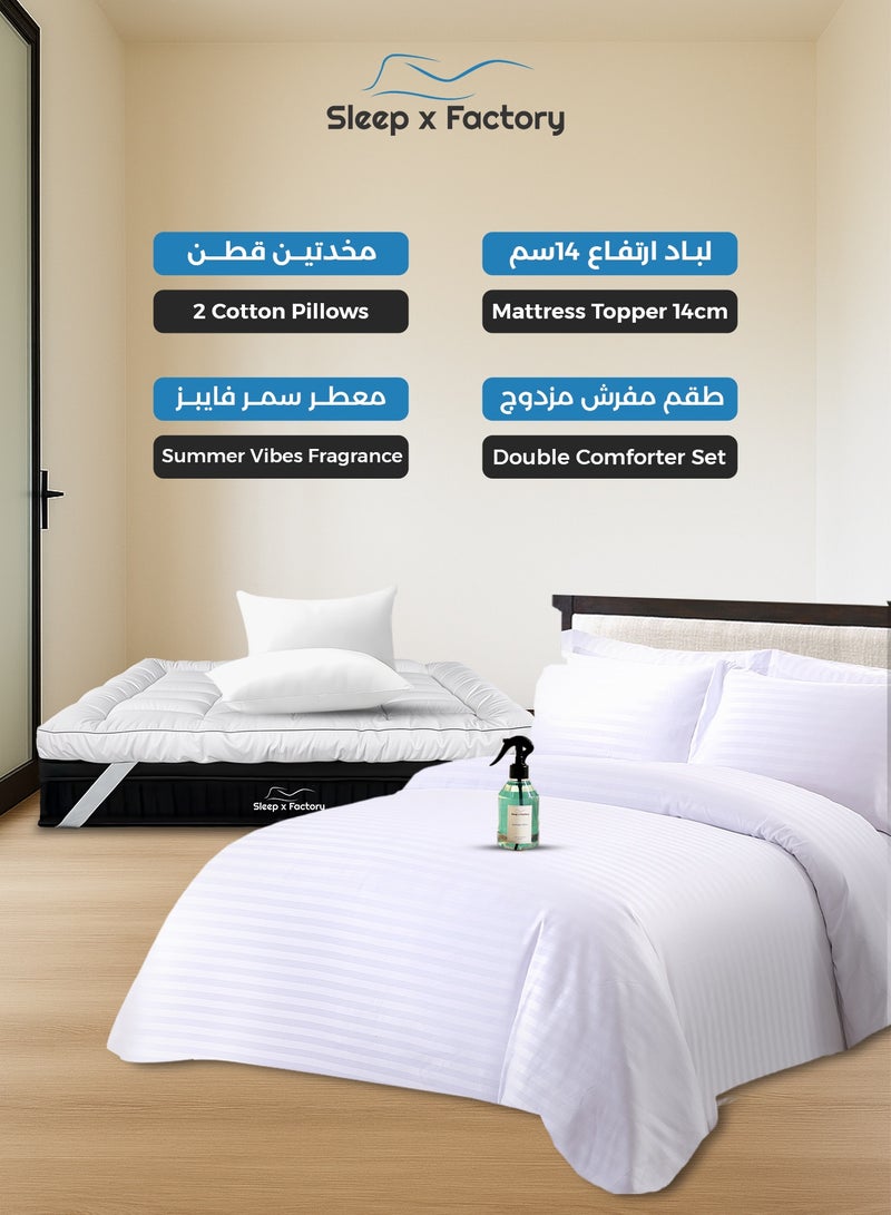 Sleep x Factory Ultimate Hotel Luxury Bedding Bundle – 14 cm Mattress Topper, Striped Comforter Set, 2 Cotton Pillows & Summer Vibes Room Fragrance - Image 1