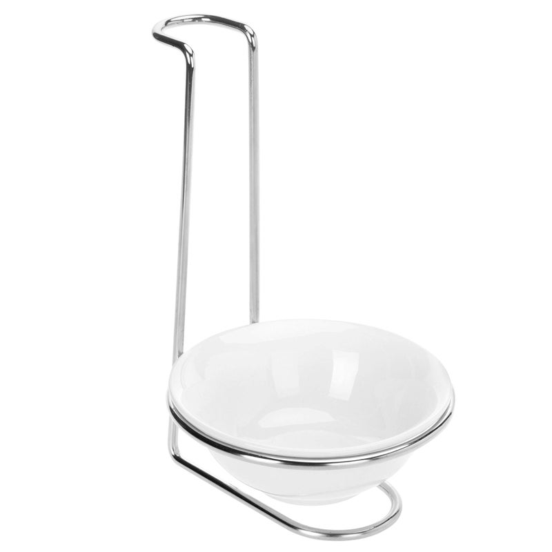 MyGift White Ceramic Ladle Holder Spoon Rest, Upright Single Cooking Utensil Holder, Vertical Drip Catcher Dish with Stainless Steel Stand for Kitchen Counter - Image 4