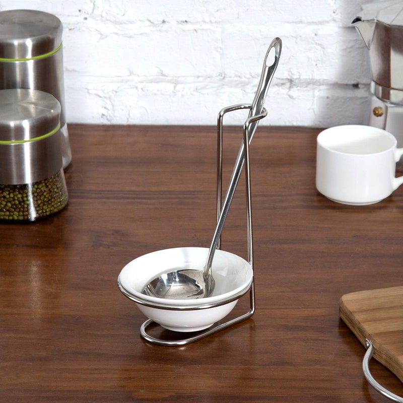 MyGift White Ceramic Ladle Holder Spoon Rest, Upright Single Cooking Utensil Holder, Vertical Drip Catcher Dish with Stainless Steel Stand for Kitchen Counter - Image 5