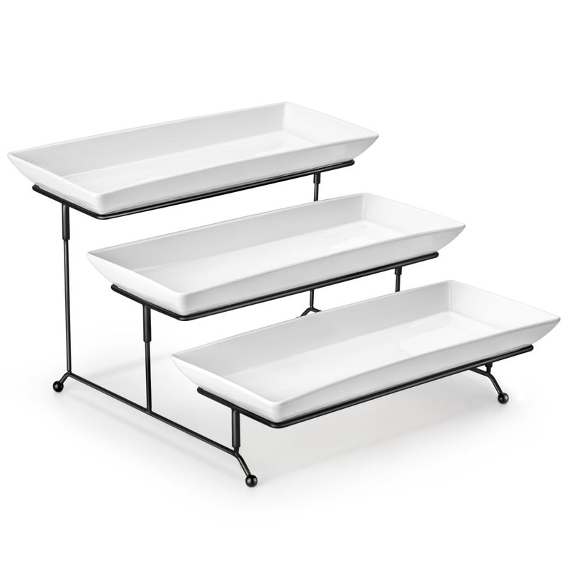 MALACASA 3 Tier Serving Tray Porcelain Tiered Cupcake Stand Ceramic Elevated Serving Platter with Collapsible Sturdier RackSeries PLAT White 14 Inch