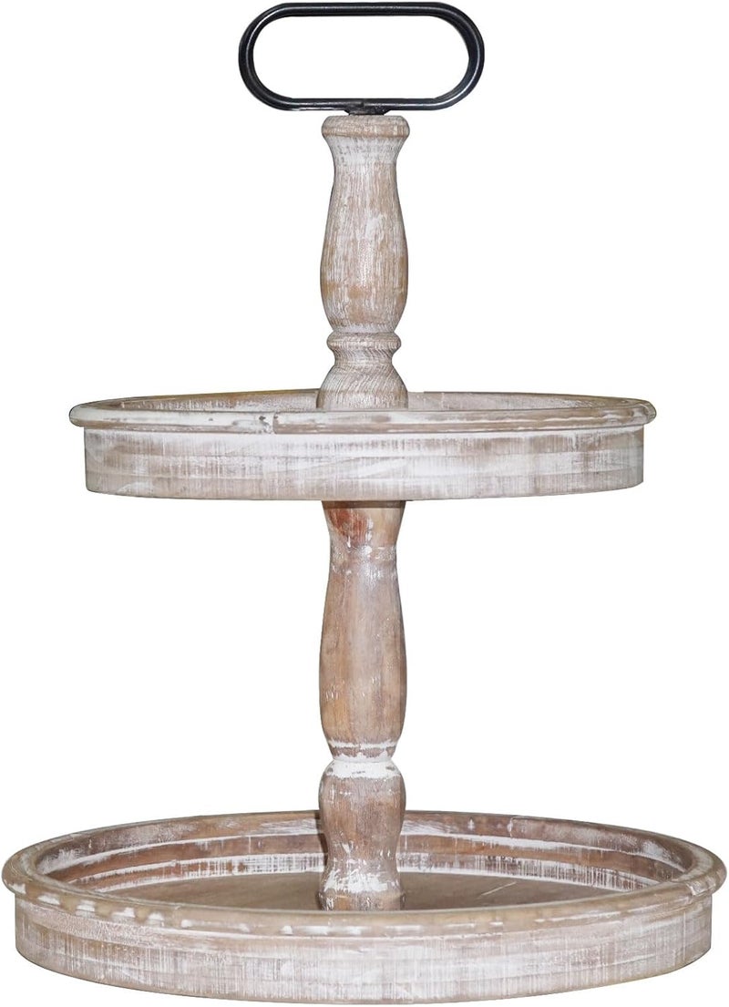 Krismax Decorative Trays - Two Tiered Tray Stand Rustic Decor Farmhouse 2 Tiered Tray Serving Tray Seasonal & Holiday Decoration Wooden Tray - Image 1