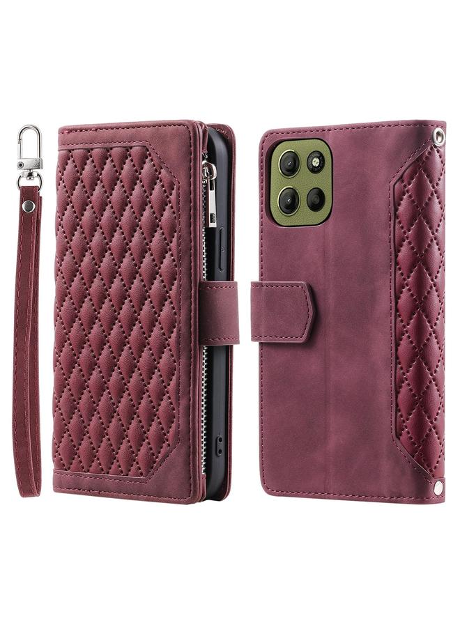 S-TOP Case For Motorola Moto G15 Grid Texture Zipper Leather Phone Case with Lanyard - Image 1