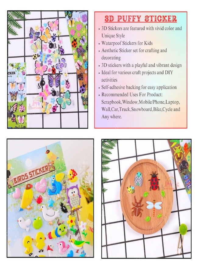 Invite Enterprise Kawaii Sticker Set–Puffy Stickers for Kids,3D Stickers for Girls,Aesthetic Sticker,Cute Stickers,Foam Stickers for Kids,Craft Stickers,Self Adhesive Stickers(Bird Insect Butterfly-12 Sheet Mix Design) - Image 2