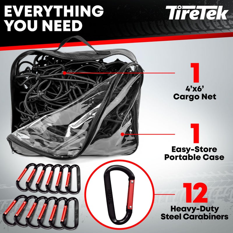 TireTek Cargo Net for Pickup Truck Bed (4'x6' Stretches to 8'x12') Double Thick Heavy Duty Pickup Truck Bed Organizer Accessories - 12 Metal Carabiners, Bungee Mesh Accessory with Strap Hooks - Image 5