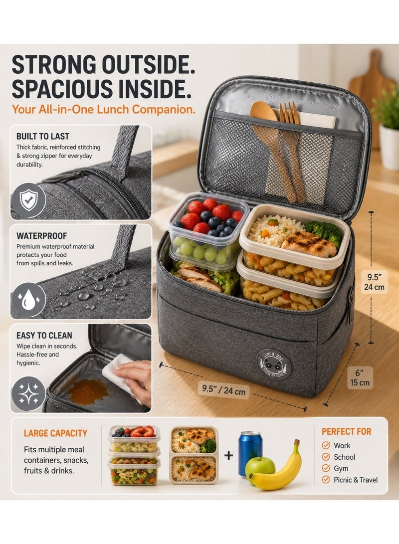 Lunch Bag with FREE lunch box and FREE Coffee Cup/Juice Cup or Soup Bowl, Lunch Box 3-Piece Elegant Insulated Food Box Set  (Cup, Spoon, Fork) with Divided Tote Bag & Travel Tumbler – Portable Thermal Leakproof Food Storage for School, Office & Outdoor Use – Leak-Resistant, Lightweight & Reusable  (Grey Set) - Image 1