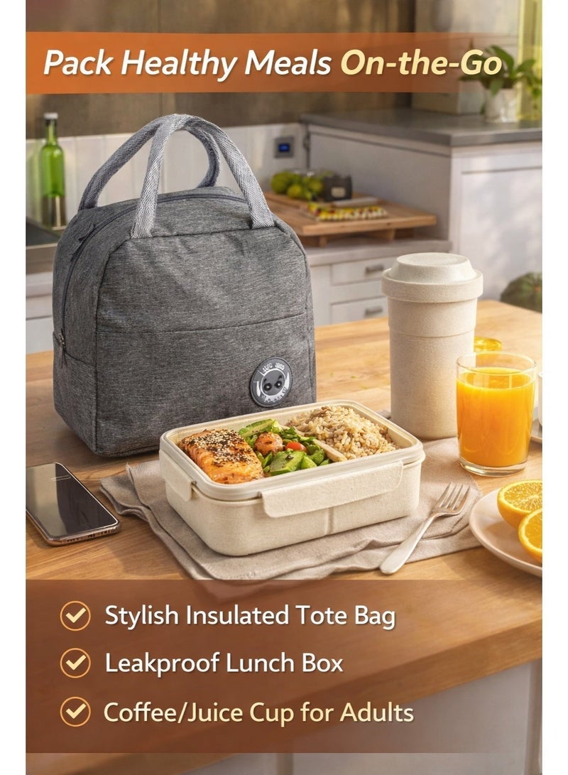 Lunch Bag with FREE lunch box and FREE Coffee Cup/Juice Cup or Soup Bowl, Lunch Box 3-Piece Elegant Insulated Food Box Set  (Cup, Spoon, Fork) with Divided Tote Bag & Travel Tumbler – Portable Thermal Leakproof Food Storage for School, Office & Outdoor Use – Leak-Resistant, Lightweight & Reusable  (Grey Set) - Image 5
