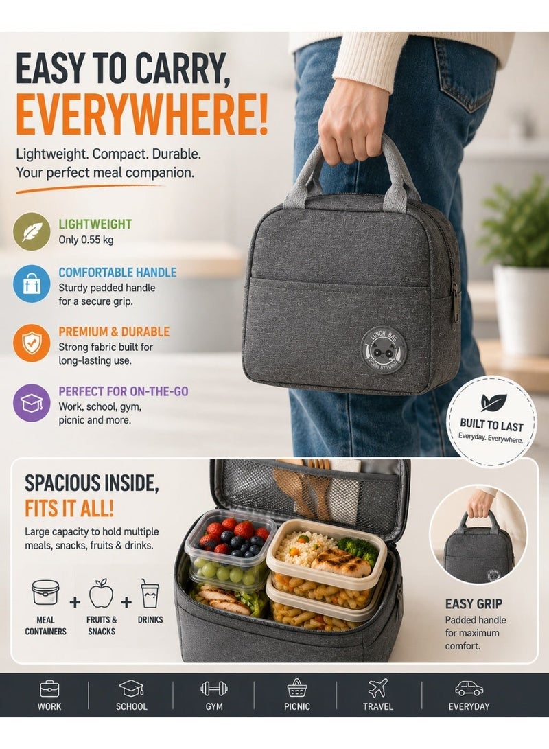 Lunch Bag with FREE lunch box and FREE Coffee Cup/Juice Cup or Soup Bowl, Lunch Box 3-Piece Elegant Insulated Food Box Set  (Cup, Spoon, Fork) with Divided Tote Bag & Travel Tumbler – Portable Thermal Leakproof Food Storage for School, Office & Outdoor Use – Leak-Resistant, Lightweight & Reusable  (Grey Set) - Image 3