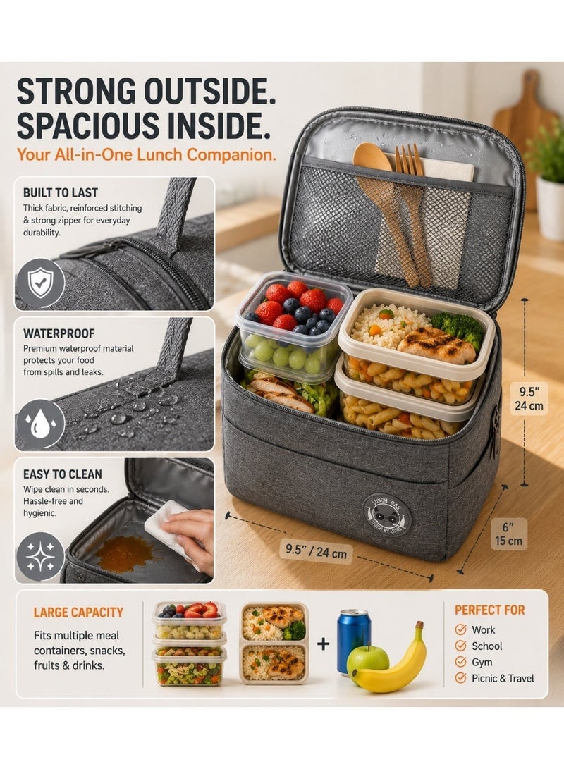 Lunch Bag with FREE lunch box and FREE Coffee Cup/Juice Cup or Soup Bowl, Lunch Box 3-Piece Elegant Insulated Food Box Set  (Cup, Spoon, Fork) with Divided Tote Bag & Travel Tumbler – Portable Thermal Leakproof Food Storage for School, Office & Outdoor Use – Leak-Resistant, Lightweight & Reusable  (Grey Set) - Image 2
