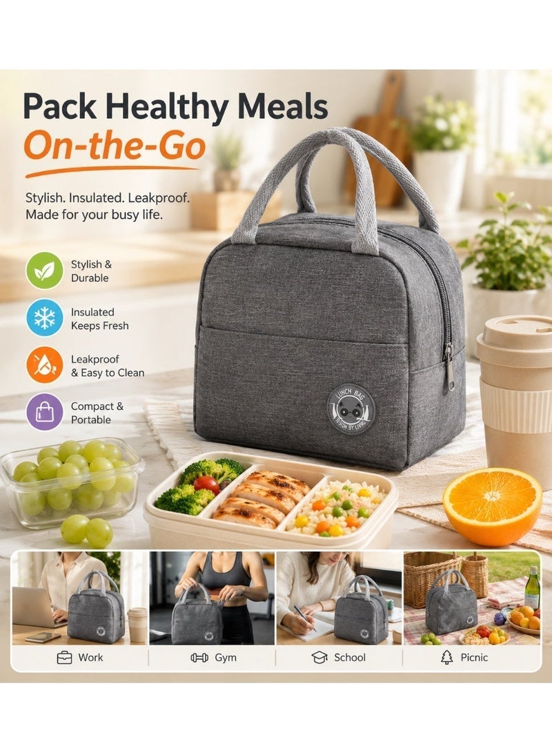 Lunch Bag with FREE lunch box and FREE Coffee Cup/Juice Cup or Soup Bowl, Lunch Box 3-Piece Elegant Insulated Food Box Set  (Cup, Spoon, Fork) with Divided Tote Bag & Travel Tumbler – Portable Thermal Leakproof Food Storage for School, Office & Outdoor Use – Leak-Resistant, Lightweight & Reusable  (Grey Set) - Image 4