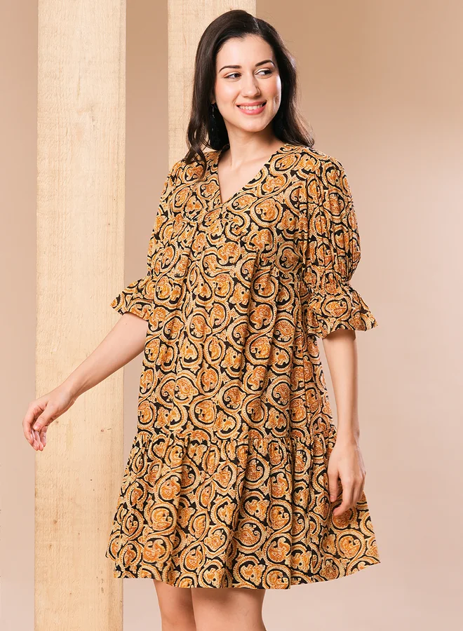 globus Globus Women Mustard Paisley Printed V Neck A-Line Mini Dress