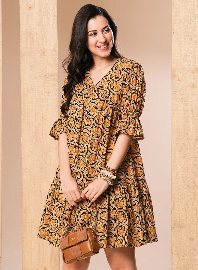 globus Globus Women Mustard Paisley Printed V Neck A-Line Mini Dress