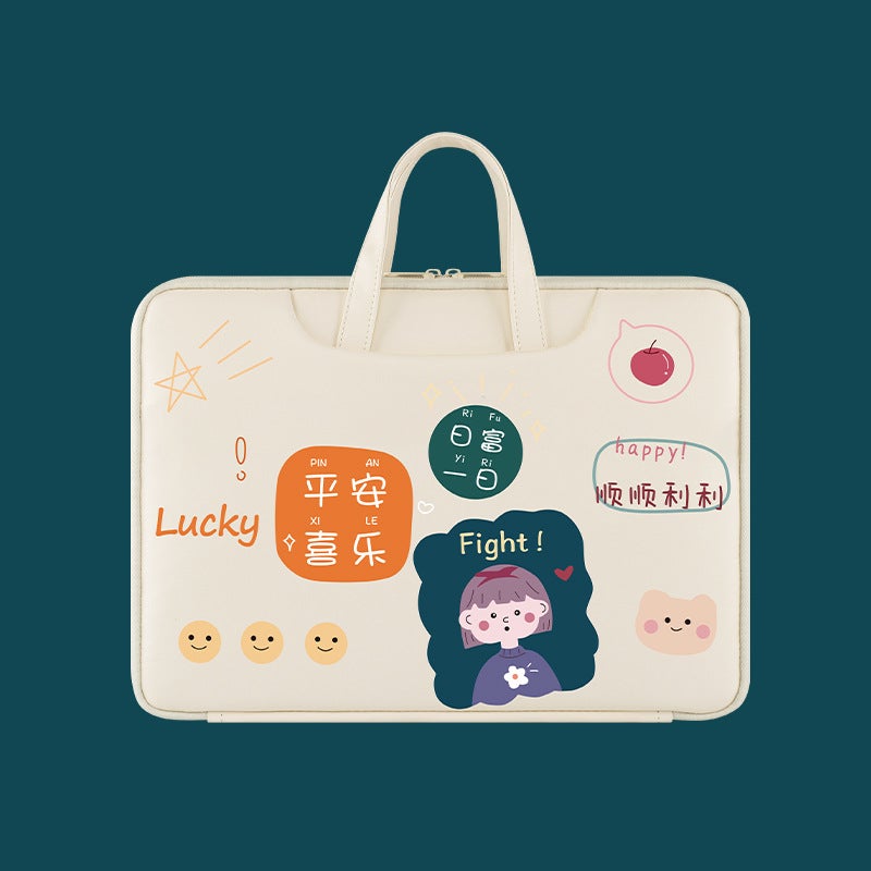 Apple Dell cartoon painted laptop handbag PU cute Korean fashion 13.3 inch 14 inch waterproof Peace and joy girl 【can be used as a suitcase】 Peace and joy girl 【can be used as a suitcase】
