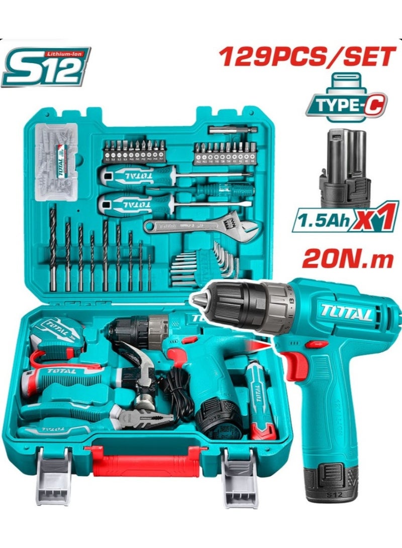 TOTAL 12V 10mm Drill Set, 129 Pieces Total