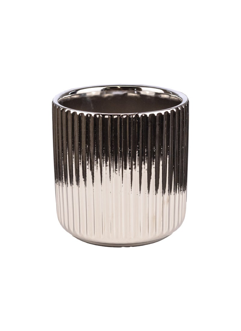 Gulf Flowers Gulf Flowers Silver Ceramic Flower Pot with Edged Design – D15cm x H14.5cm Indoor Planter for Real & Artificial Plants – Glossy Metallic Finish Modern Tabletop Décor 