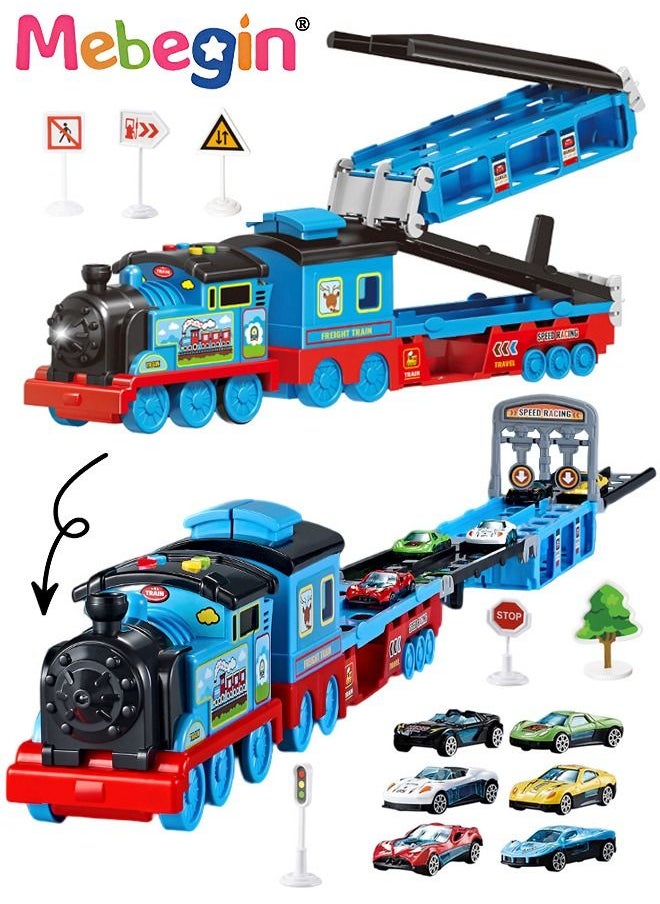 MEBEGIN Train Track Storage Car Model Deformation Ejection Track Car Children's Parking Lot Toys With 6 Sliding Cars Dino Track Vehicle Birthday Gift for Boys Girls  - Image 1