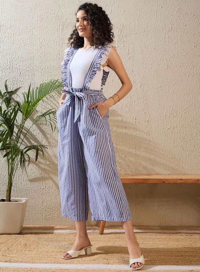 Stylestone  Stylestone Striped Ruffled Strappy Pinafore Jumpsuit for Women | Best Price UAE
