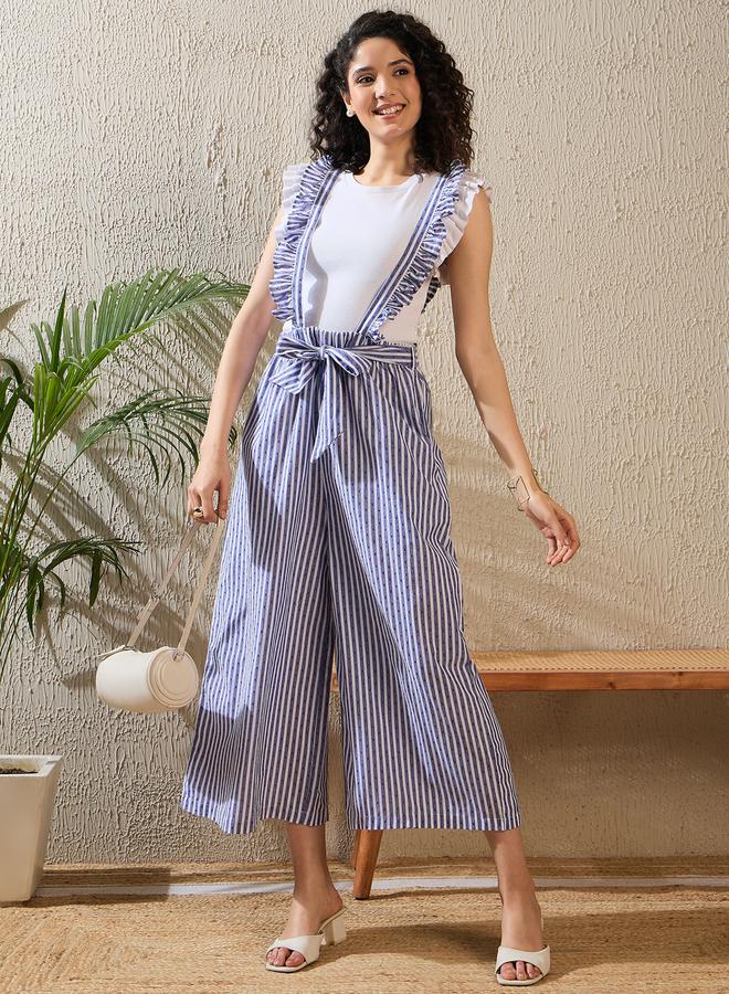 ستايل ستون جمبسوت مخططة بتفاصيل حمالات مزينة بكشكش - Image 1