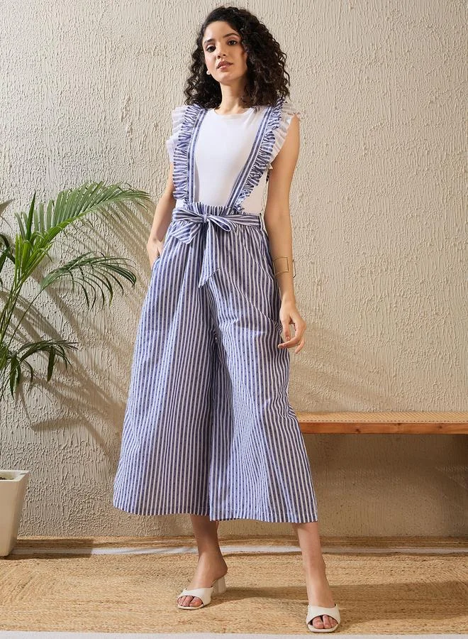 Stylestone  Stylestone Striped Ruffled Strappy Pinafore Jumpsuit for Women | Best Price UAE