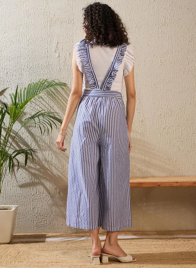 Stylestone  Stylestone Striped Ruffled Strappy Pinafore Jumpsuit for Women | Best Price UAE