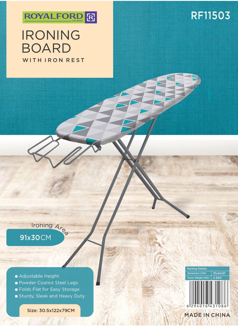 Royalford طاولة كي ملابس رويال فورد - RF11503 | أرجل فولاذية مطلية بالبودر وآلية ارتفاع قابلة للتعديل | قابلة للطي وسهلة التخزين | أرجل غير قابلة للانزلاق وحامل مكواة | مثالية للمنازل والشقق والفنادق  - Image 4