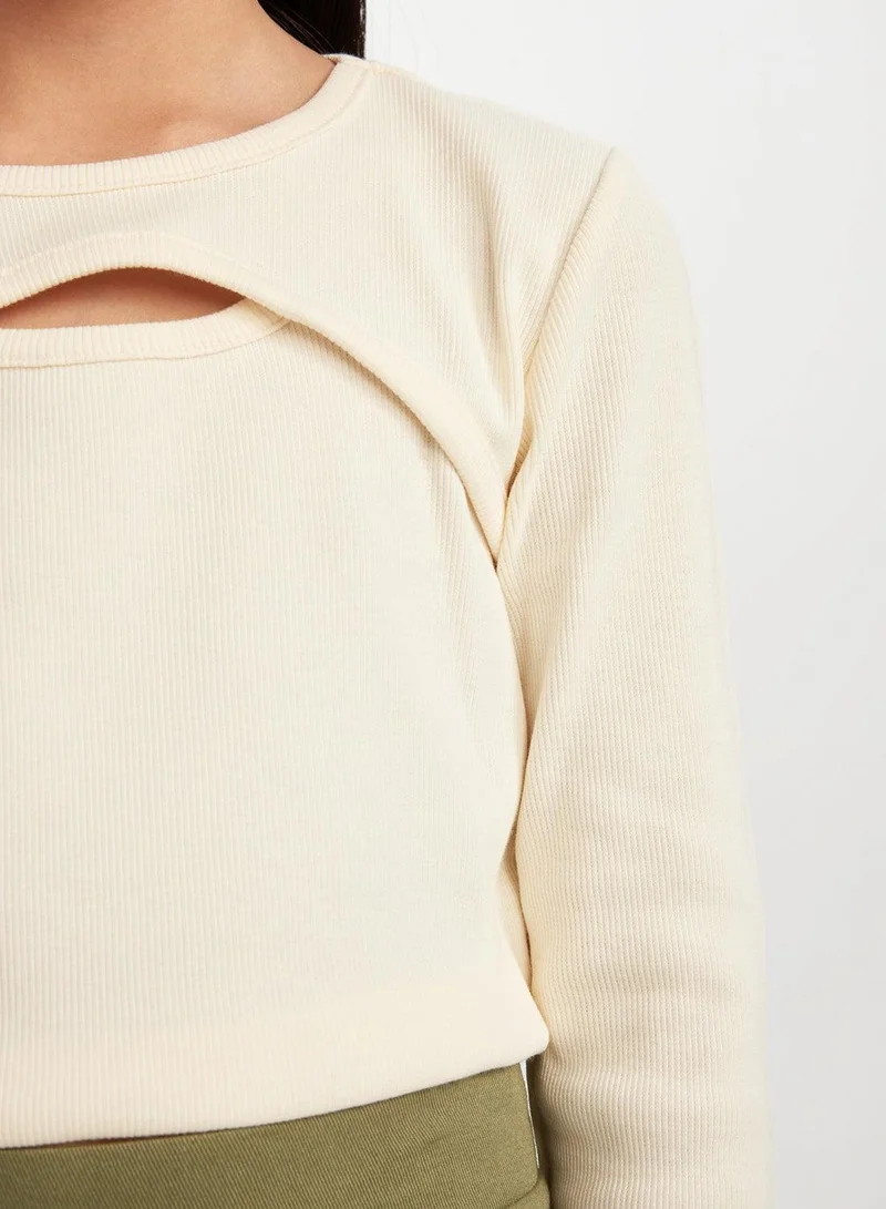 DeFacto  Slim Fit Crew Neck Ribbed Long Sleeve T-Shirt  | Best Price UAE