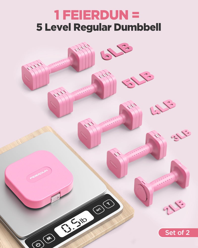 FEIERDUN 5-in-1 Adjustable Dumbbell Set of 2, 12LBS/6LBS Hand Weights for Women, 1s-Adjust Dual-Stable Dumbbell Set for Women Home Gym & Outdoor, Pink - Image 2
