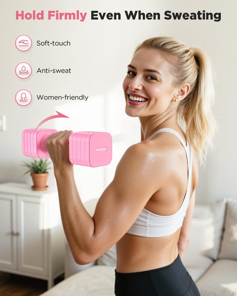 FEIERDUN 5-in-1 Adjustable Dumbbell Set of 2, 12LBS/6LBS Hand Weights for Women, 1s-Adjust Dual-Stable Dumbbell Set for Women Home Gym & Outdoor, Pink - Image 4