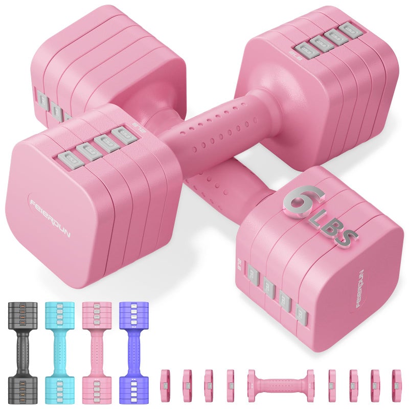 FEIERDUN 5-in-1 Adjustable Dumbbell Set of 2, 12LBS/6LBS Hand Weights for Women, 1s-Adjust Dual-Stable Dumbbell Set for Women Home Gym & Outdoor, Pink - Image 1