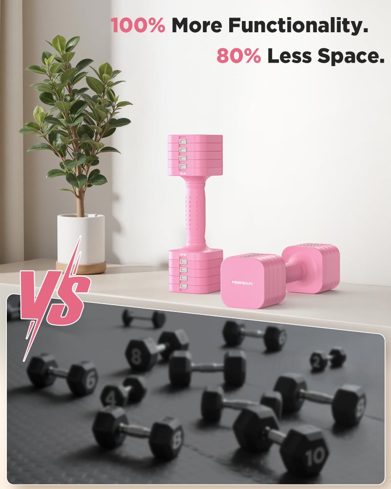 FEIERDUN 5-in-1 Adjustable Dumbbell Set of 2, 12LBS/6LBS Hand Weights for Women, 1s-Adjust Dual-Stable Dumbbell Set for Women Home Gym & Outdoor, Pink - Image 5