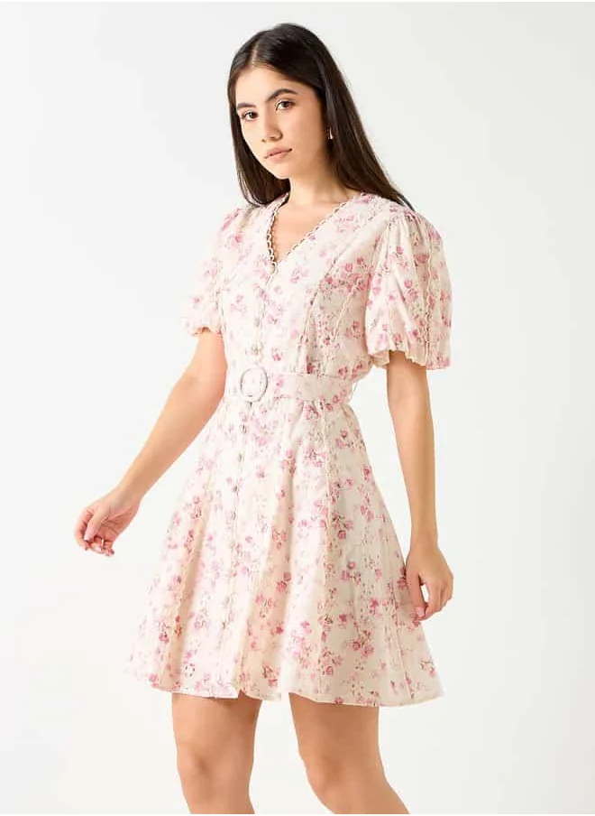 Lee Cooper Lee Cooper Floral Print V-Neck Mini Dress with Belt Detail