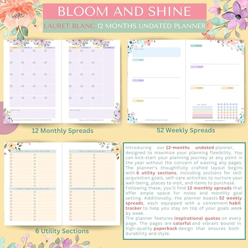 LAURET BLANC 12 Months Floral Undated Planner, 12 Monthly Spreads, 52 Weekly Spreads, Habit Tracker, Utility Pages, Paperback (She Believed She Could So She Did) - Image 2