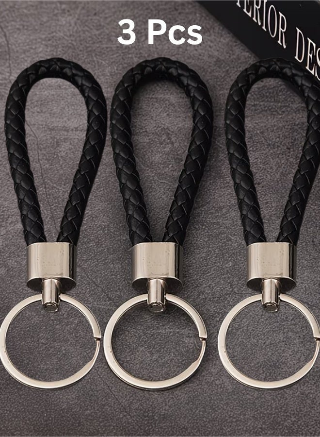 aeen 3-Piece Black Leather Keychain Set | Braided Cord Knot Pendants with Aluminium Alloy Chain - Image 1