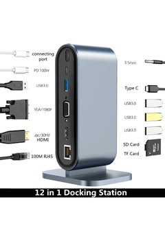 محطة إرساء USB C 12 في 1 مع 100 وات PD USB-C 4K HDMI VGA USB 3.0 RJ45 SD/TF قارئ بطاقات الصوت لأجهزة الكمبيوتر المحمول التي تعمل بنظام Windows MacC