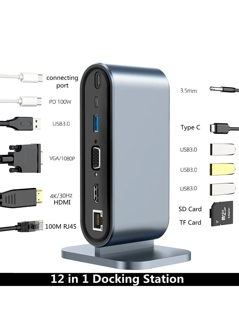 ارواق - محطة إرساء USB C 12 في 1 مع 100 وات PD USB-C 4K HDMI VGA USB 3.0 RJ45 SD/TF قارئ بطاقات الصوت لأجهزة الكمبيوتر المحمول التي تعمل بنظام Windows MacC - Image 1