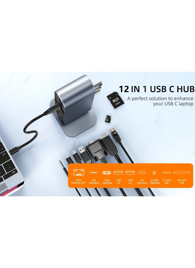 ارواق - محطة إرساء USB C 12 في 1 مع 100 وات PD USB-C 4K HDMI VGA USB 3.0 RJ45 SD/TF قارئ بطاقات الصوت لأجهزة الكمبيوتر المحمول التي تعمل بنظام Windows MacC - Image 1