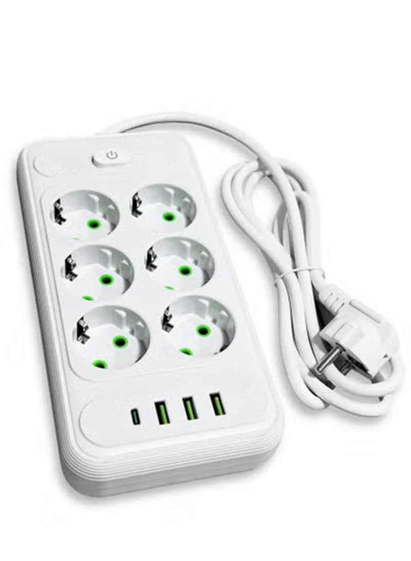 Safety Electric Power Outlets Sockets T206, Multi Power Strip Surge Protector With 6 Outlets 2500W, Fast Charging Power Plug Extension Socket with 3 USB Port and 1 Type-C - White