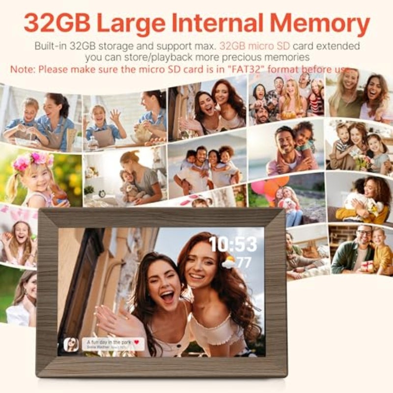 إطار صورة رقمي Frameo مقاس 10.1 بوصة مزود بتقنية WiFi مع ذاكرة سعة 32 جيجابايت، وشاشة لمس 1280 × 800 IPS إطار صور إلكتروني ذكي، يمكن تثبيته على الحائط، وتدوير تلقائي، ومشاركة الصور/مقاطع الفيديو عبر تطبيق Frameo من أي مكان - Image 3