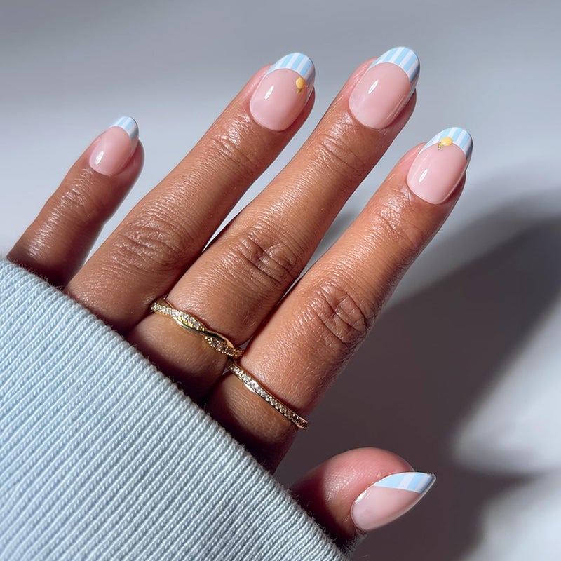 Glamnetic Water rust proof Press On Nails - Summer Fresco | Short Oval Fake Nails with Striped Blue French Tips & Lemon Accents | Salon Quality Summer Nails | 15 Sizes - 30 Nail Kit with Glue Multi-purpose - Image 1