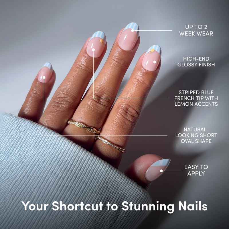Glamnetic Water rust proof Press On Nails - Summer Fresco | Short Oval Fake Nails with Striped Blue French Tips & Lemon Accents | Salon Quality Summer Nails | 15 Sizes - 30 Nail Kit with Glue Multi-purpose - Image 4